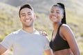 Fitness, nature and couple happy to workout in outdoor adventure trail. Sports, exercise and man and black woman train Royalty Free Stock Photo