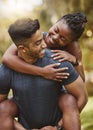 Fitness, nature and couple piggy back outdoors for exercise, training and running for cardio workout. Dating, happy and Royalty Free Stock Photo