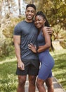 Fitness, nature and portrait of couple hug outdoors for exercise, training and running for cardio workout. Dating, happy Royalty Free Stock Photo