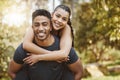 Fitness, nature and portrait of couple piggyback outdoors for exercise, training and cardio workout. Dating Royalty Free Stock Photo