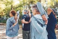 Fitness, nature and senior people doing stretching exercise before cardio training in a park. Health, wellness and Royalty Free Stock Photo