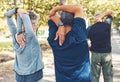 Fitness, nature and senior people doing stretching exercise before cardio training in a park. Health, wellness and Royalty Free Stock Photo