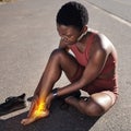 Fitness, pain and black woman with a foot injury, medical emergency and accident after running in Nigeria. Anatomy