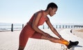 Fitness, pain or black woman with shin injury from running accident in training, exercise or outdoor workout. Bad