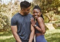 Fitness, park and portrait of couple hug outdoors for exercise, training and running for cardio workout. Dating, happy Royalty Free Stock Photo