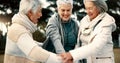 Fitness, park or senior women in huddle, training or exercise for wellness, solidarity or teamwork outdoors. Happy Royalty Free Stock Photo