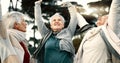 Fitness, park or senior women in huddle, training or exercise for wellness, solidarity or teamwork outdoors. Happy Royalty Free Stock Photo