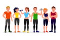 Fitness people  illustration in flat design. Athletes in workout gym cartoon characters isolated on white background. Group Royalty Free Stock Photo
