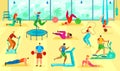 Fitness people training body in gym vector illustration set, cartoon flat active man woman characters train, do sport Royalty Free Stock Photo