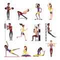 Fitness people vector cartoon characters set. Male and female athletes isolated on white background Royalty Free Stock Photo