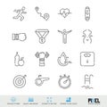 Fitness, physical education and sports, diet, weight loss related vector line icon set isolated on white