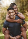 Fitness, piggy back and portrait of couple outdoors for exercise, training and running for cardio workout. Dating, happy Royalty Free Stock Photo