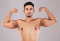 Fitness, portrait and man flexing muscle on gray studio background. Sports, wellness and proud Indian body builder