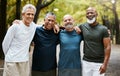 Fitness portrait of senior diversity friends on outdoor exercise run, cardio training or nature park friendship reunion Royalty Free Stock Photo