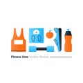 Fitness poster with sport equipment, gym identity concept, healthy lifestyle