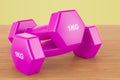 Fitness purple dumbells on the woden background, 3D rendering