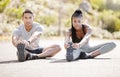 Fitness, road and couple stretching their legs to get ready for running, training and workout together in summer Royalty Free Stock Photo