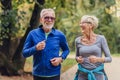 Cheerful active senior couple jogging in the park