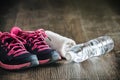 Fitness running sports equipment, sneakers water towel, healthy Royalty Free Stock Photo