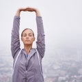 Fitness, running and stretching with sports woman outdoor in mountains for morning cardio training. Exercise, health and Royalty Free Stock Photo