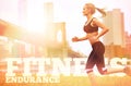 Fitness, running and woman in city with words for cardio, health and endurance in outdoor training. Runner or jogger Royalty Free Stock Photo