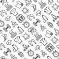 Fitness seamless pattern with thin line icons of running, dumbbell, waist, healthy food, swimming pool, pulse, wireless earphones