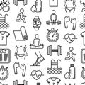 Fitness seamless pattern with thin line icons of running, dumbbell, waist, healthy food, swimming pool, pulse, wireless earphones