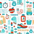 Fitness seamless patterns with sport elements and
