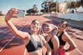 Fitness, selfie and athletes training on a track for a marathon for health, wellness and exercise. Sports, smile and