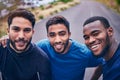 Fitness, selfie and men friends in a road happy for training, exercise and bond in nature. Sports, portrait and group of Royalty Free Stock Photo