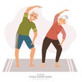 Fitness for seniors. yoga for elderly people. happy senior man and woman doing yoga exercise. Isolated on white background.vector