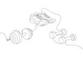 Fitness set with sneakers and dumbbell one line art. Continuous line drawing of sport, strength, fitness, activity