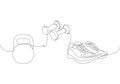 Fitness set with sneakers and kettlebell one line art. Continuous line drawing of sport, power, fitness, activity