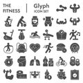 Fitness solid icon set. Health care and sport signs collection, sketches, logo illustrations, web symbols, glyph style pictograms