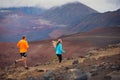 Fitness sport couple running jogging outside on trail Royalty Free Stock Photo