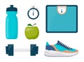 Fitness, sport, diet and healthy lifestyle training equipment collection. Running, sport and gym icons set. Vector illustration in Royalty Free Stock Photo