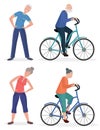 Fitness sport healthy old people grandparents couples set. Senior man and woman pedal bicycle.