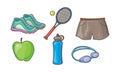 Fitness sport icons set, tennis racket, ball, sneakers, shorts, apple, bottle of water, vector Illustration on a white Royalty Free Stock Photo