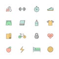 Fitness and sport multicolored icon vector set. Simple outline design.