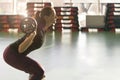 Fitness, sport, powerlifting and people concept - sporty woman exercising with barbell in gym