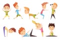 Fitness sport. Set of boys and girl making gymnastic exercises. Funny cartoon colorful characters. Cute gymnastics for Royalty Free Stock Photo