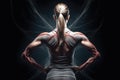 fitness, sport, training and lifestyle concept - sporty woman flexing muscles over black background, Fitness girl rear view with