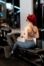 Fitness, sports and bodybuilding concept - Fit active woman in the gym using gym machines, cable pulley