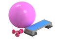 Fitness and sports equipment concept. Aerobic step board, dumbbells and fitball 3D rendering Royalty Free Stock Photo