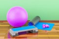 Fitness and sports equipment concept. Aerobic step board, yoga m Royalty Free Stock Photo