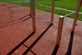 Fitness sports fields with stainless steel tools resemble torture tools with chains and handles. soft rubber surface sports ground