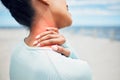 Fitness, sports and injury, woman with neck pain on outdoor workout closeup. Workout pain, girl with hand on neck and