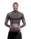 Fitness, sports and portrait of black man with basketball, strong confidence and body muscle workout. Power wellness