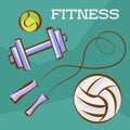 Fitness and sports set. Tennis and soccer balls, dumbbell and skipping rope. Vector illustrations in cartoon style for weight loss Royalty Free Stock Photo