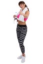 Fitness sports woman drinking water showing thumbs up full body
